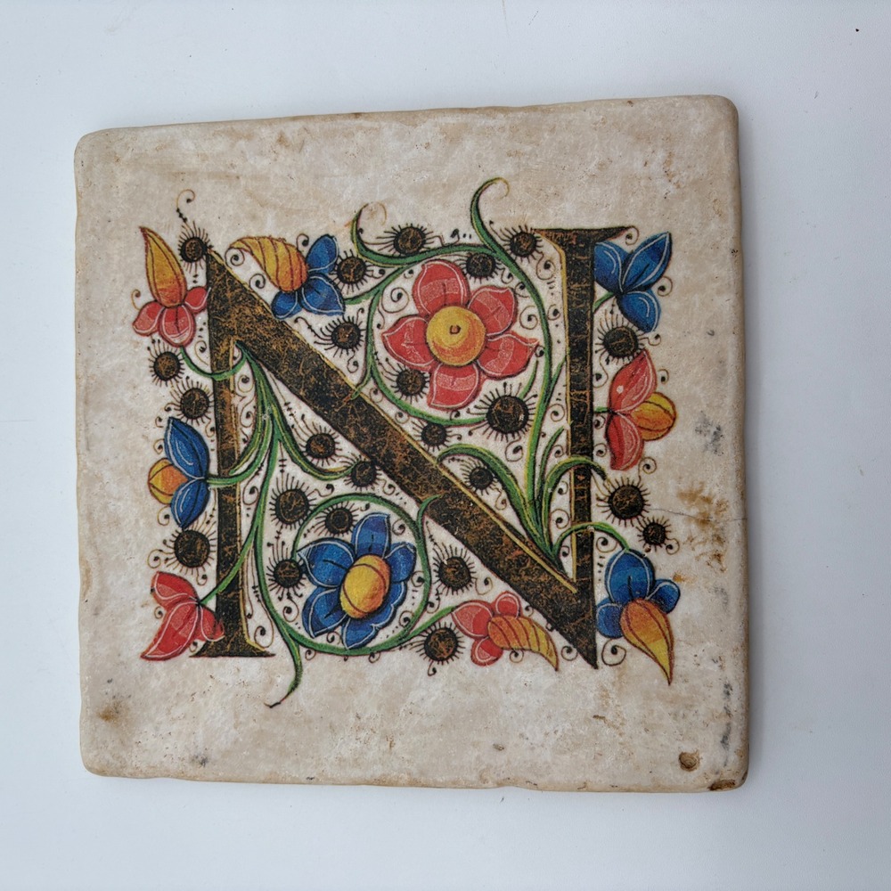 Studio Vertu Vatican Library Illuminated Letter N Z Stone Tile Plaque medieval
